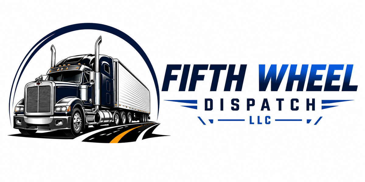 Fifth Wheel Dispatch LLC logo featuring a black semi truck and blue company lettering on a white background