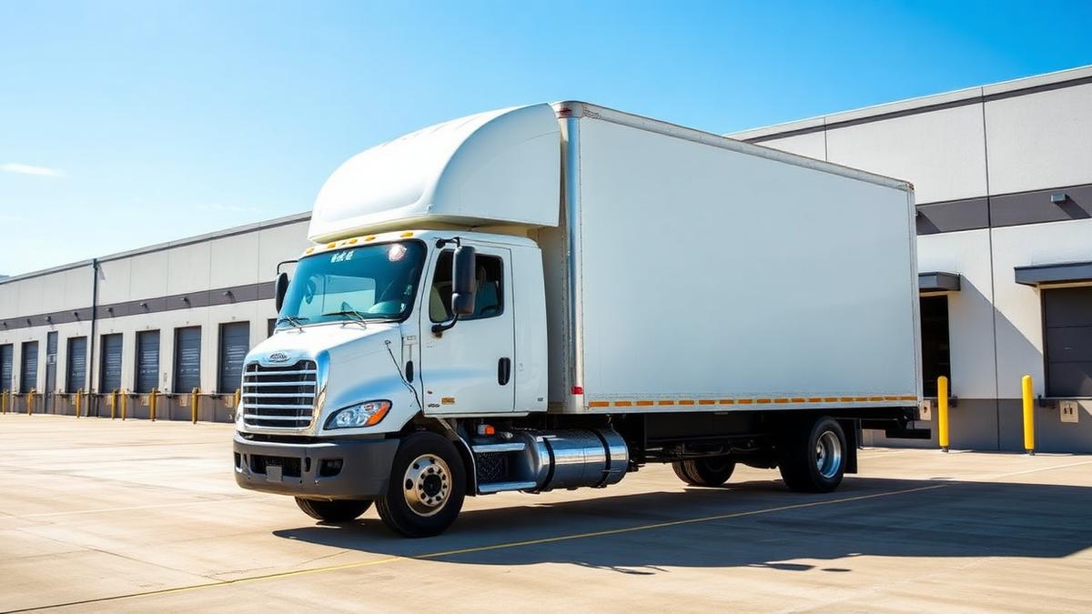 White box truck parked at a regional warehouse dock ready for a local freight contract pickup