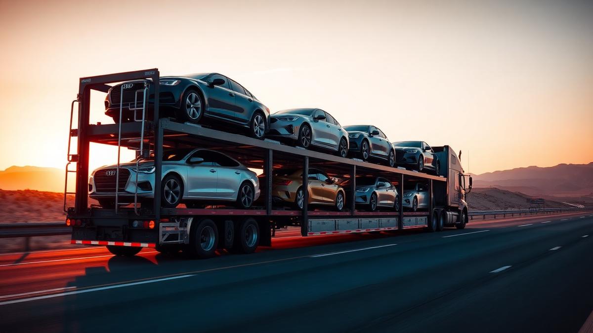 Semi-truck car hauler trailer carrying multiple sedans and SUVs on a highway at sunset