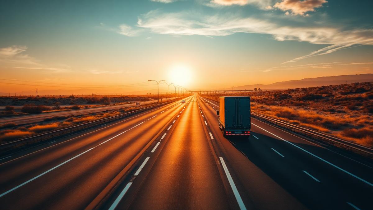 Semi truck driving a well-planned highway route at sunset to reduce deadhead miles