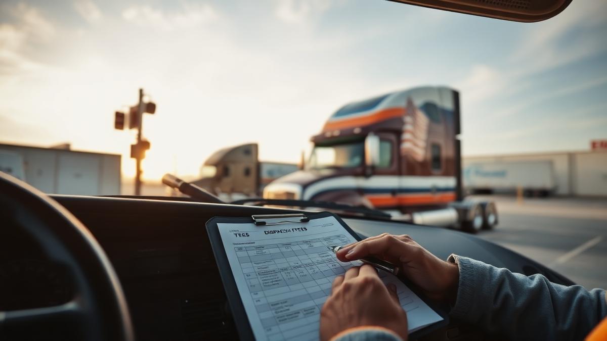 Truck dispatcher reviewing load rates and dispatch fees on a laptop with a semi truck in the background
