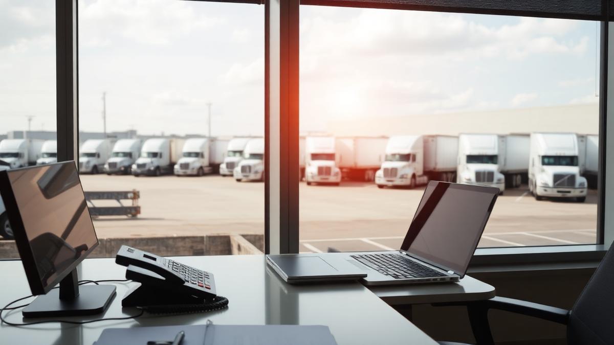 Freight broker and truck dispatcher working at desks, illustrating the difference between the two roles