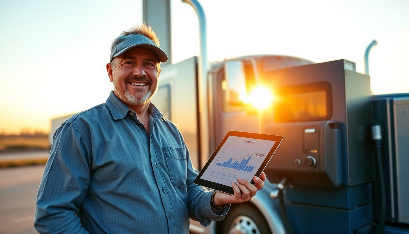 Owner-operator checking fuel surcharge calculations on a tablet next to a semi truck at sunset