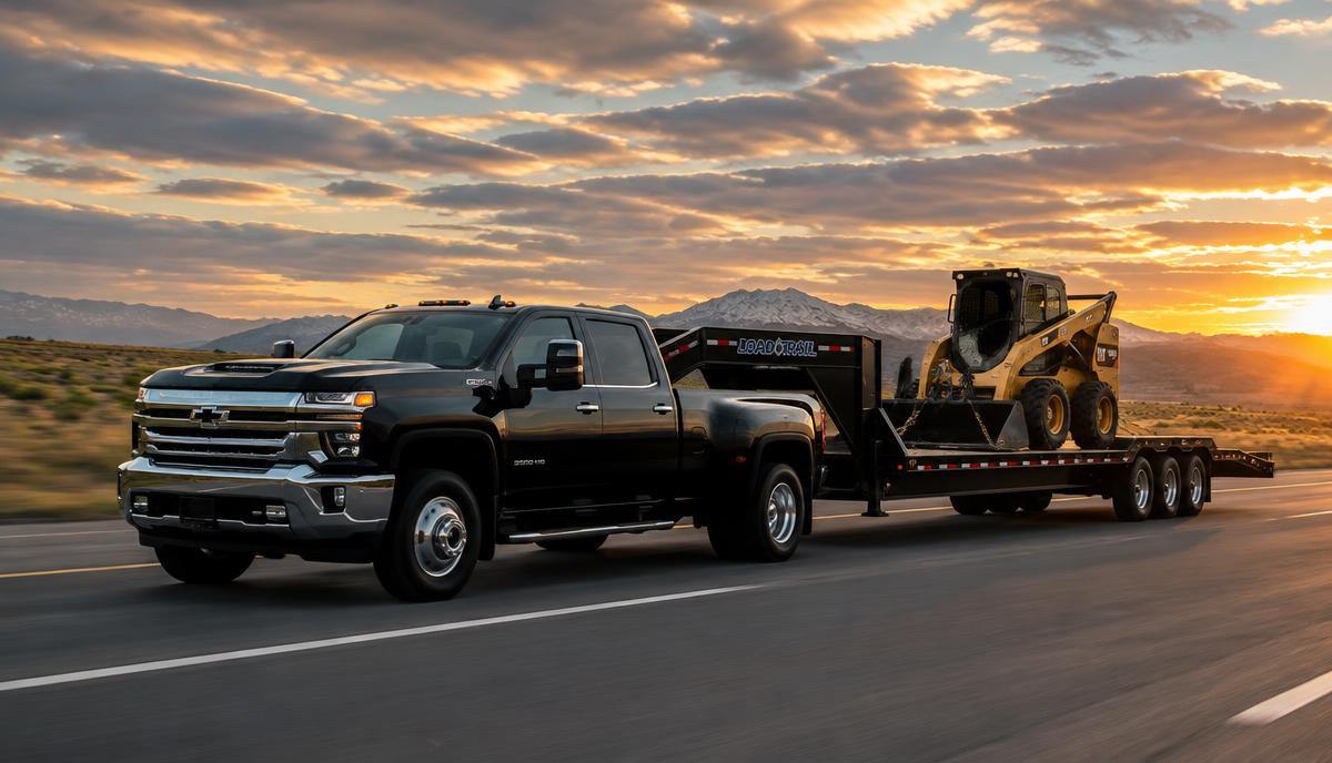 Black dually pickup truck pulling a gooseneck flatbed trailer loaded with a skid steer on an open American highway
