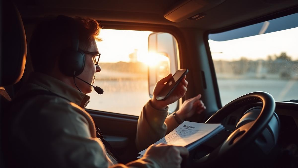 Owner-operator negotiating a freight rate with a broker over the phone inside a truck cab