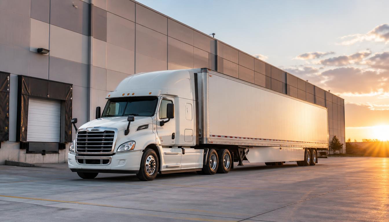White semi-truck parked at a modern logistics warehouse at sunrise, representing dispatch services for new trucking companies