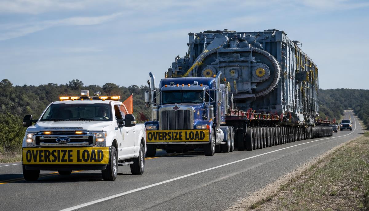 Oversize load semi truck hauling a large industrial machine escorted by a pilot car with an OVERSIZE LOAD banner on a highway