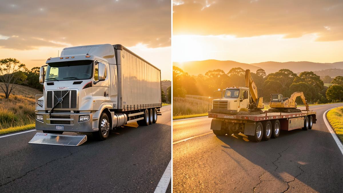 Side-by-side comparison of a removable gooseneck RGN trailer and a fixed-neck lowboy hauling heavy construction equipment on a highway at sunset