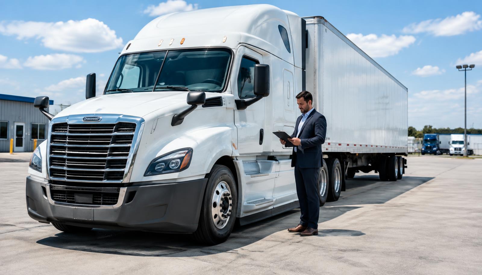 Insurance agent with a clipboard standing beside a white semi truck and trailer at a commercial truck inspection yard