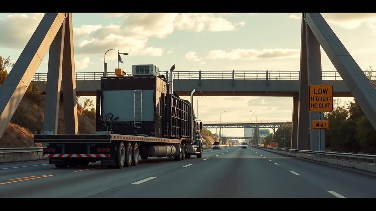 Step deck trailer hauling a tall machine approaching a low clearance highway bridge with a height warning sign